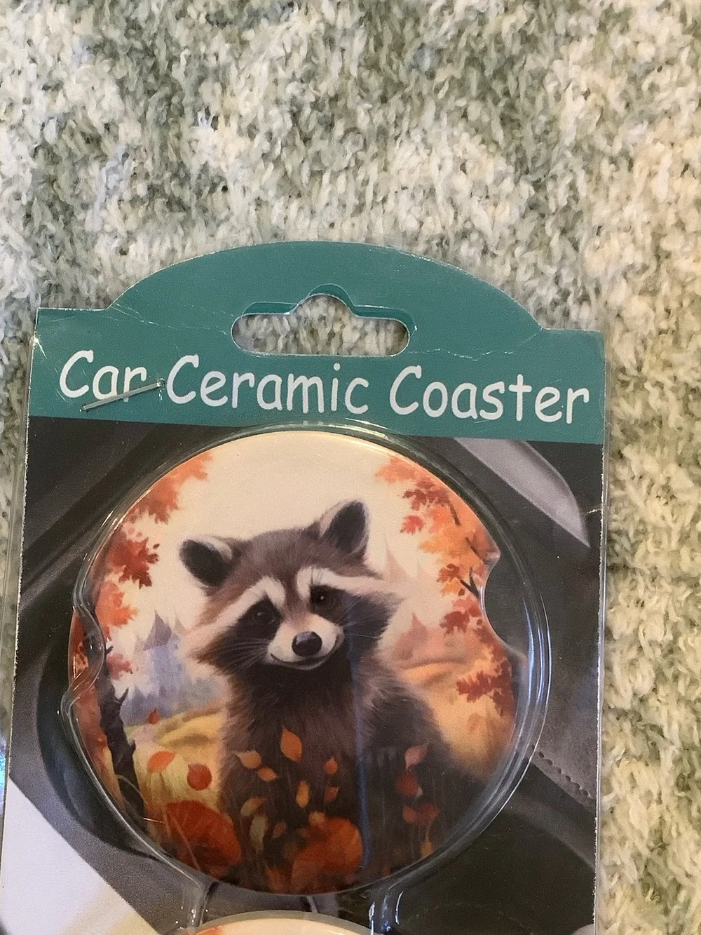 Raccoon Ceramic Car Coaster Set of Two, NWT waterproof 2.75”